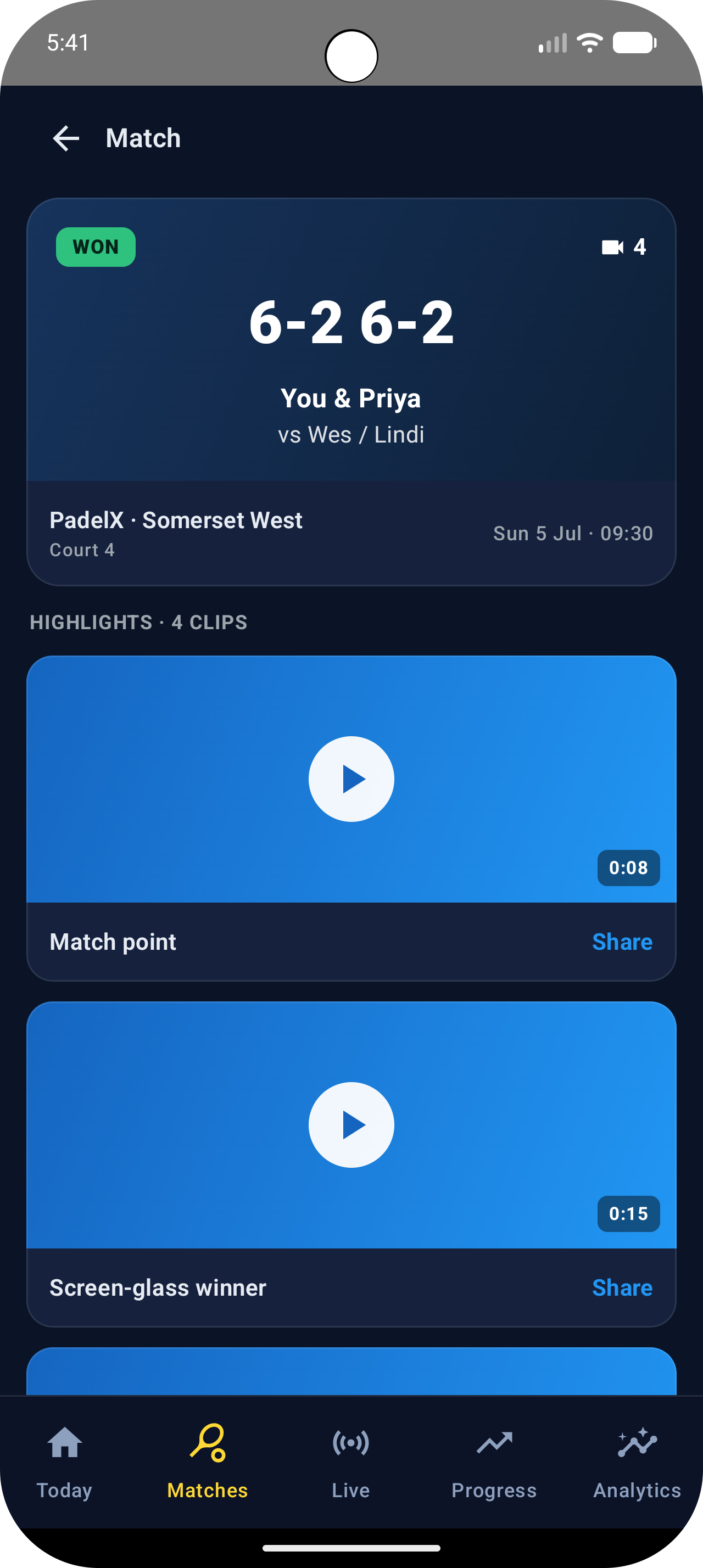 Relive it — auto-clipped highlights from your match