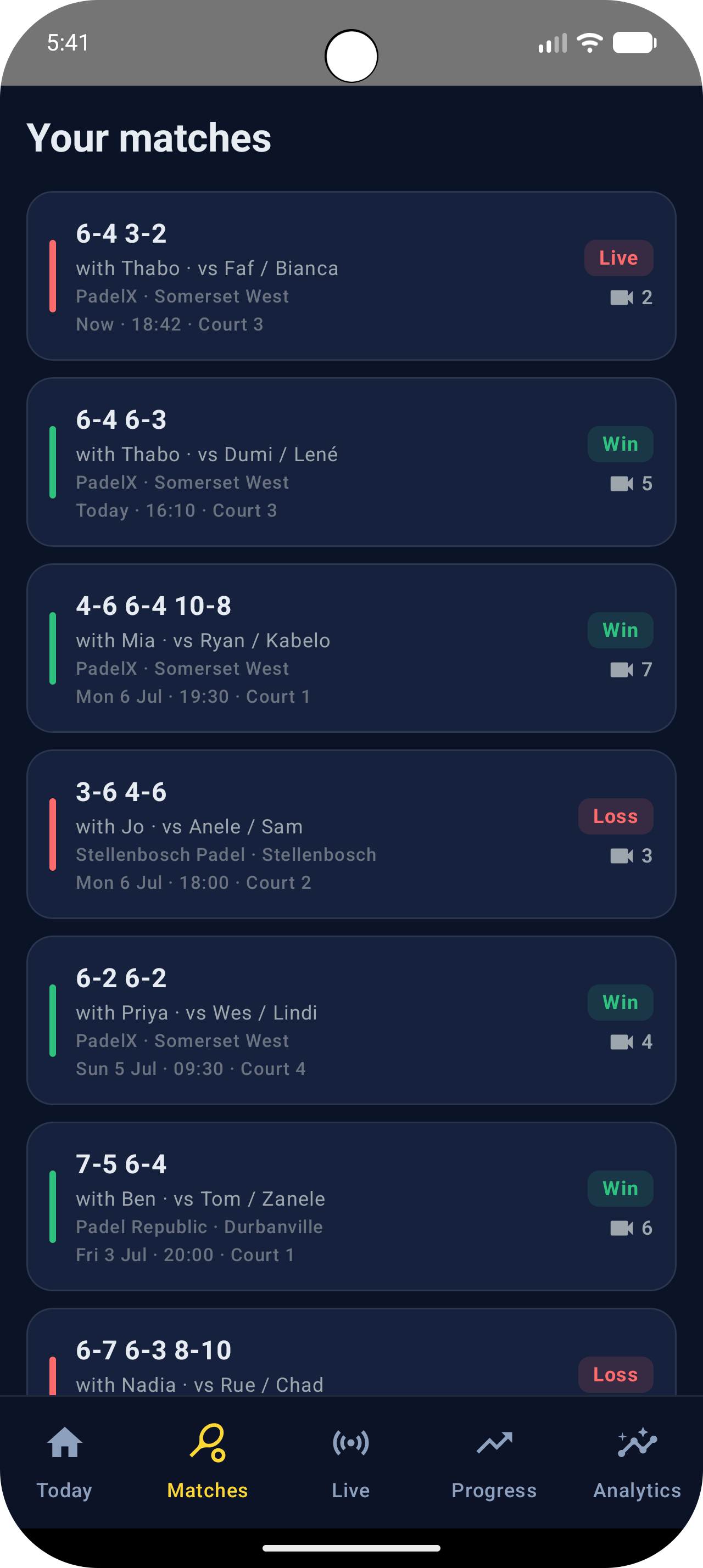 Matches — every game auto-scored, newest first